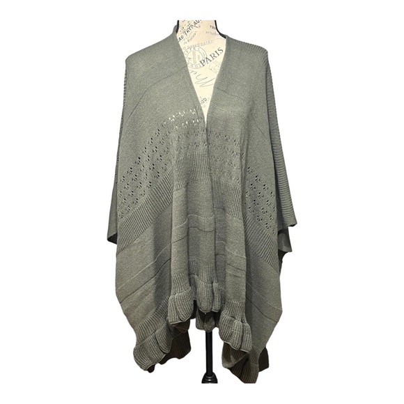 Tea Green Chunky Open Knit Ruffle Shawl Wrap Lagenlook Winter Layering Piece OS - Picture 1 of 15